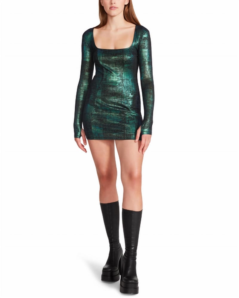 Front of a model wearing a size L Shae Dress In Teal in Teal by STEVE MADDEN. | dia_product_style_image_id:355039